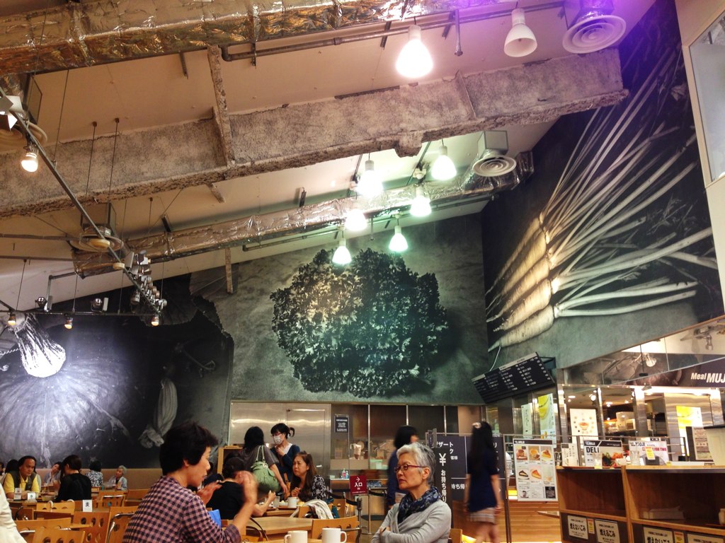 people sitting at tables in a cafe in the evening