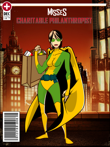 comic character in green and yellow outfit, carrying a bag
