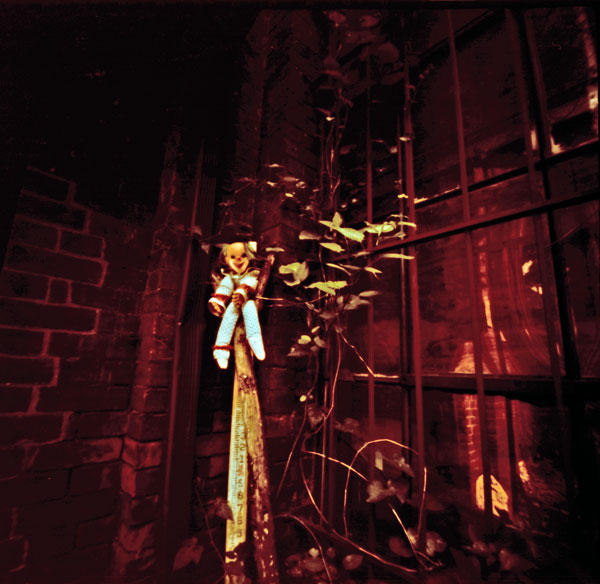 a red - tinted pograph of a doll hanging from an old window