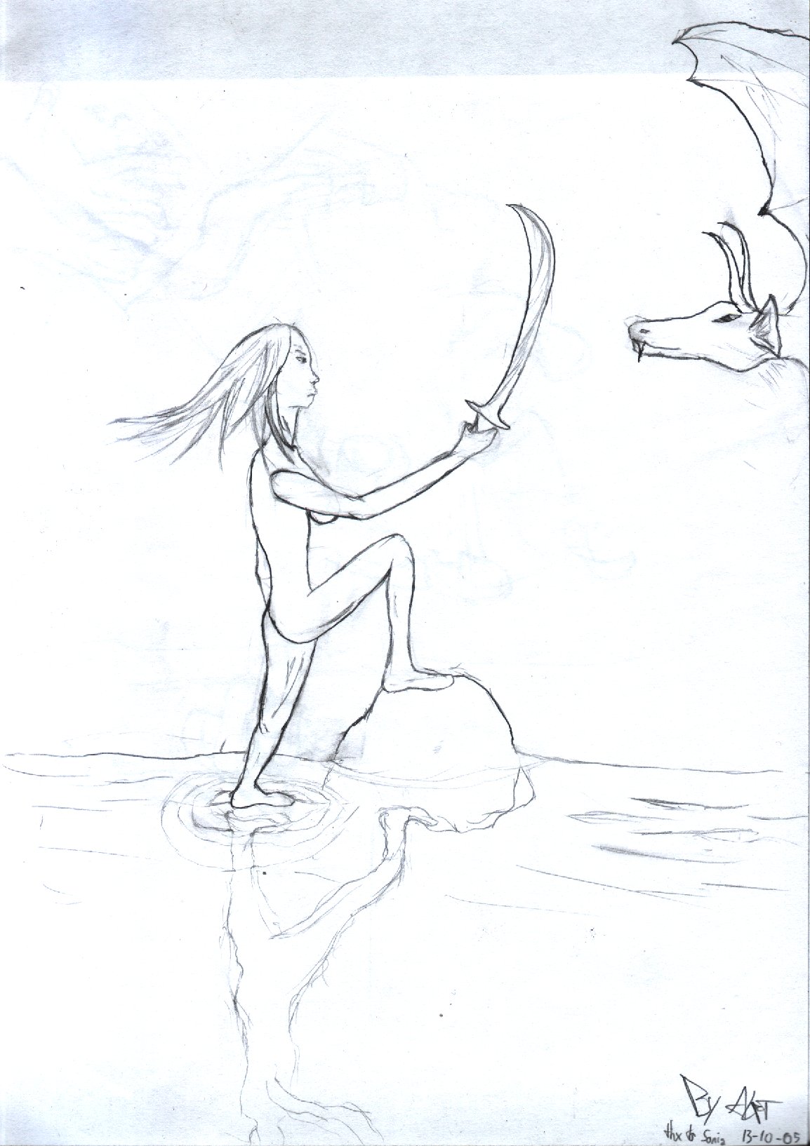 a drawing of a woman kneeling on the beach holding a sword