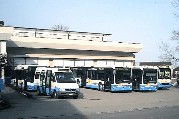 blue and white buses parked next to each other
