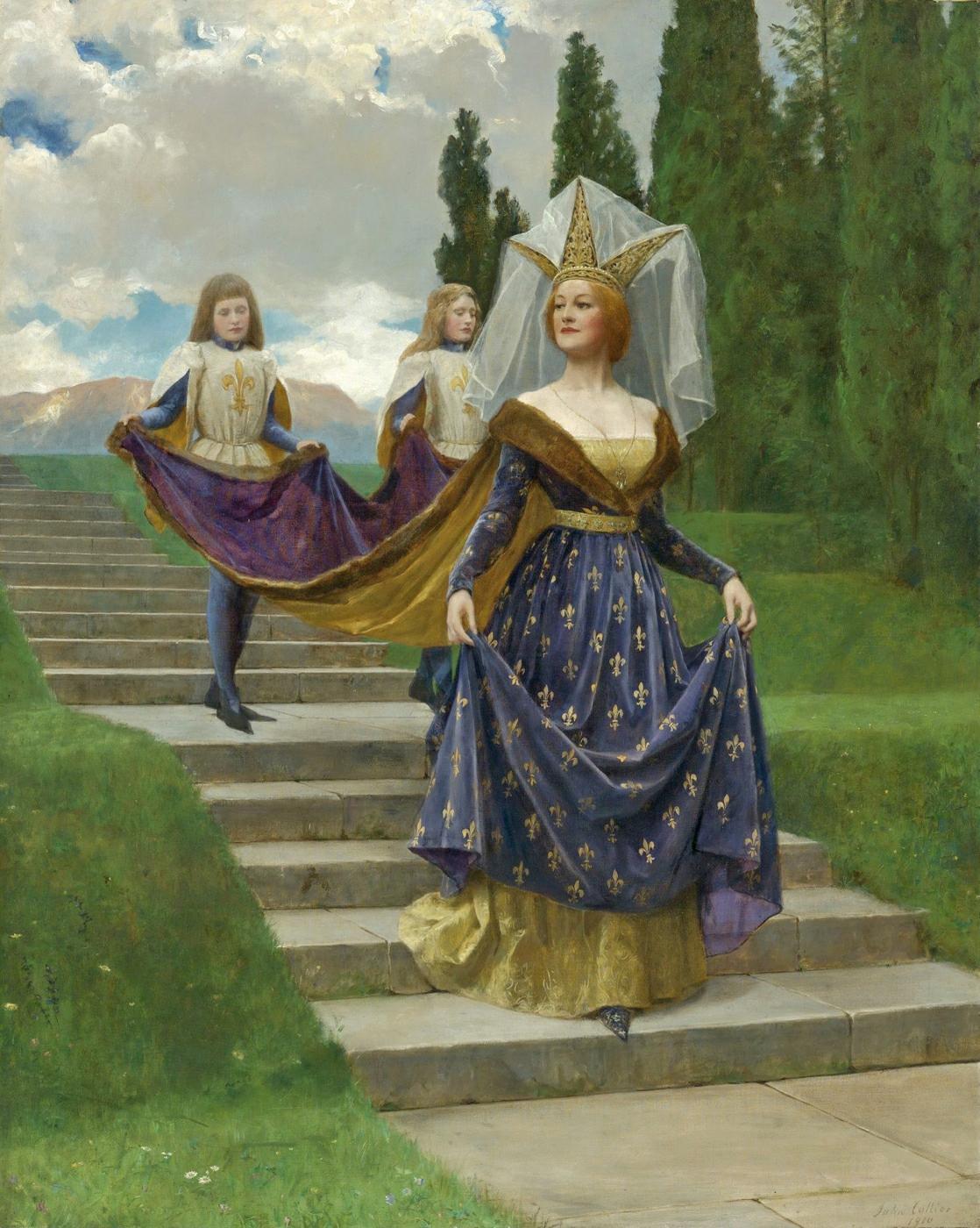 a painting shows an elaborate gown, and three s with a gold crown and long dress sitting on stairs