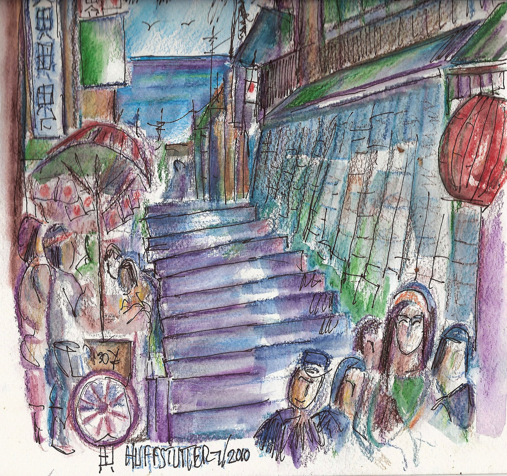 a drawing of people holding umbrellas on the stairs of a store