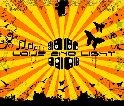 a poster with music notes and birds on an orange background