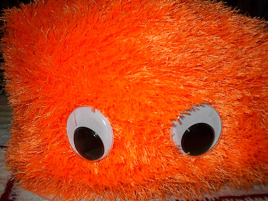 a very fuzzy orange animal with big eyes