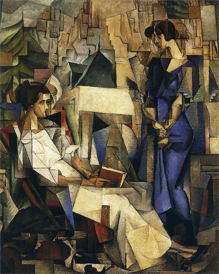 a painting on display that depicts two women in a chair