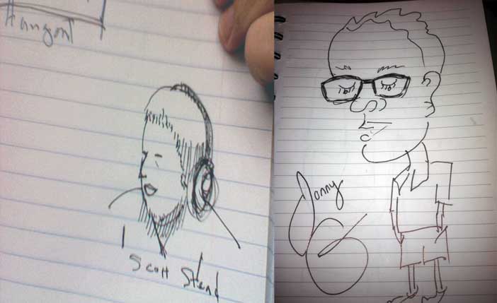 two pages show one with drawing of a man in glasses and the other in paper