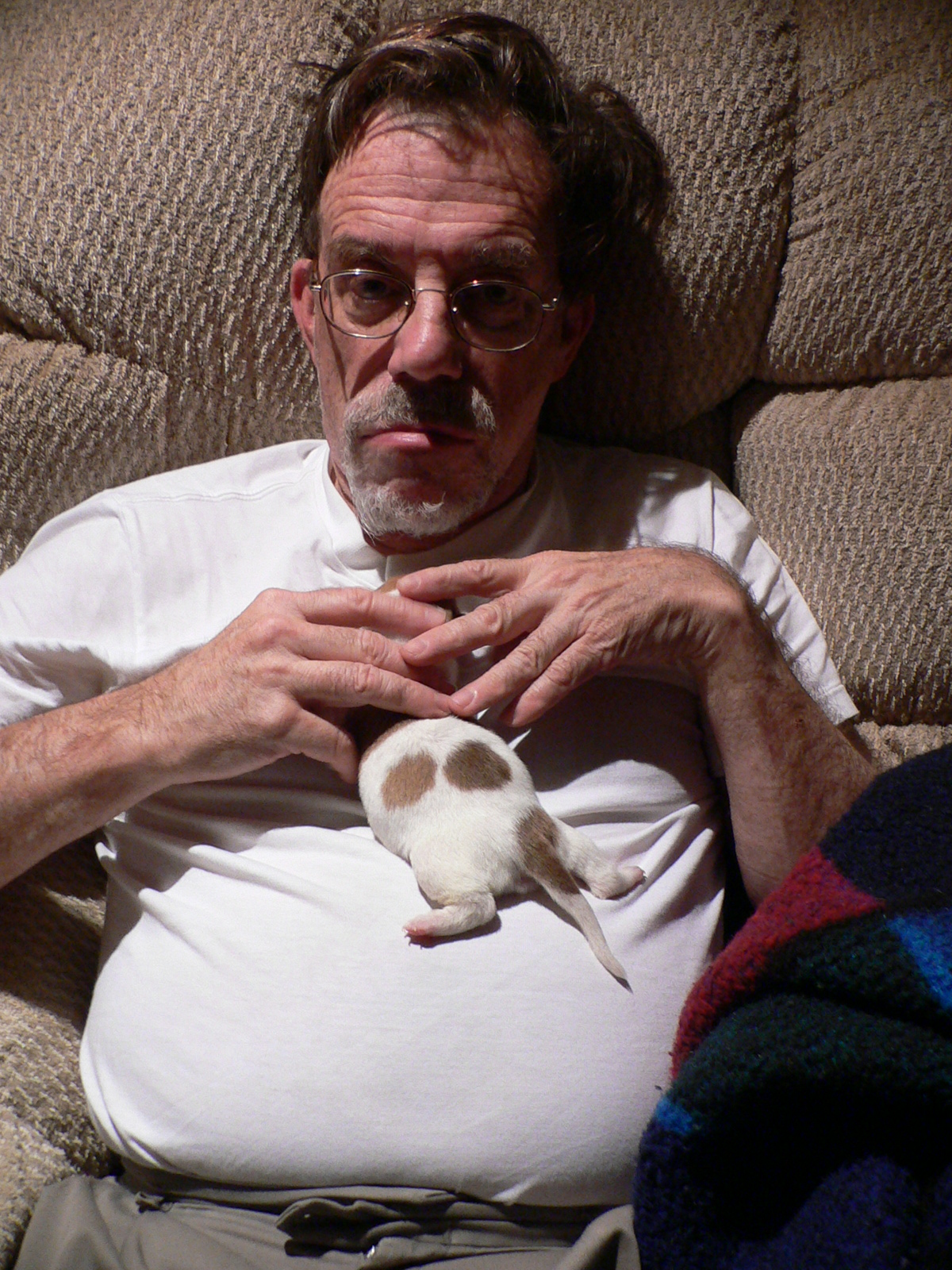 the man is holding a small white and brown puppy