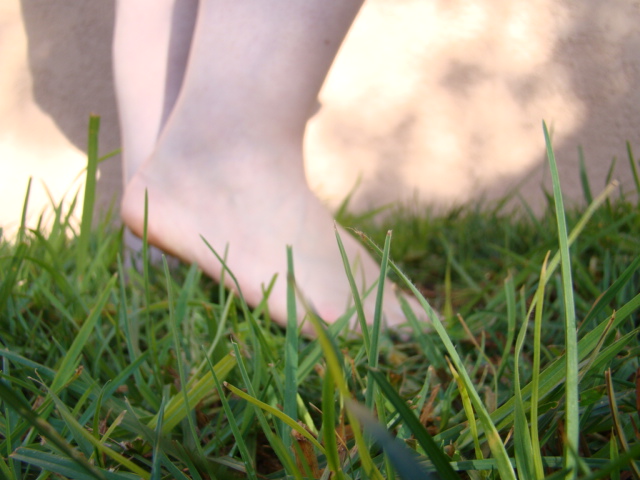 the back of a person's legs in the grass