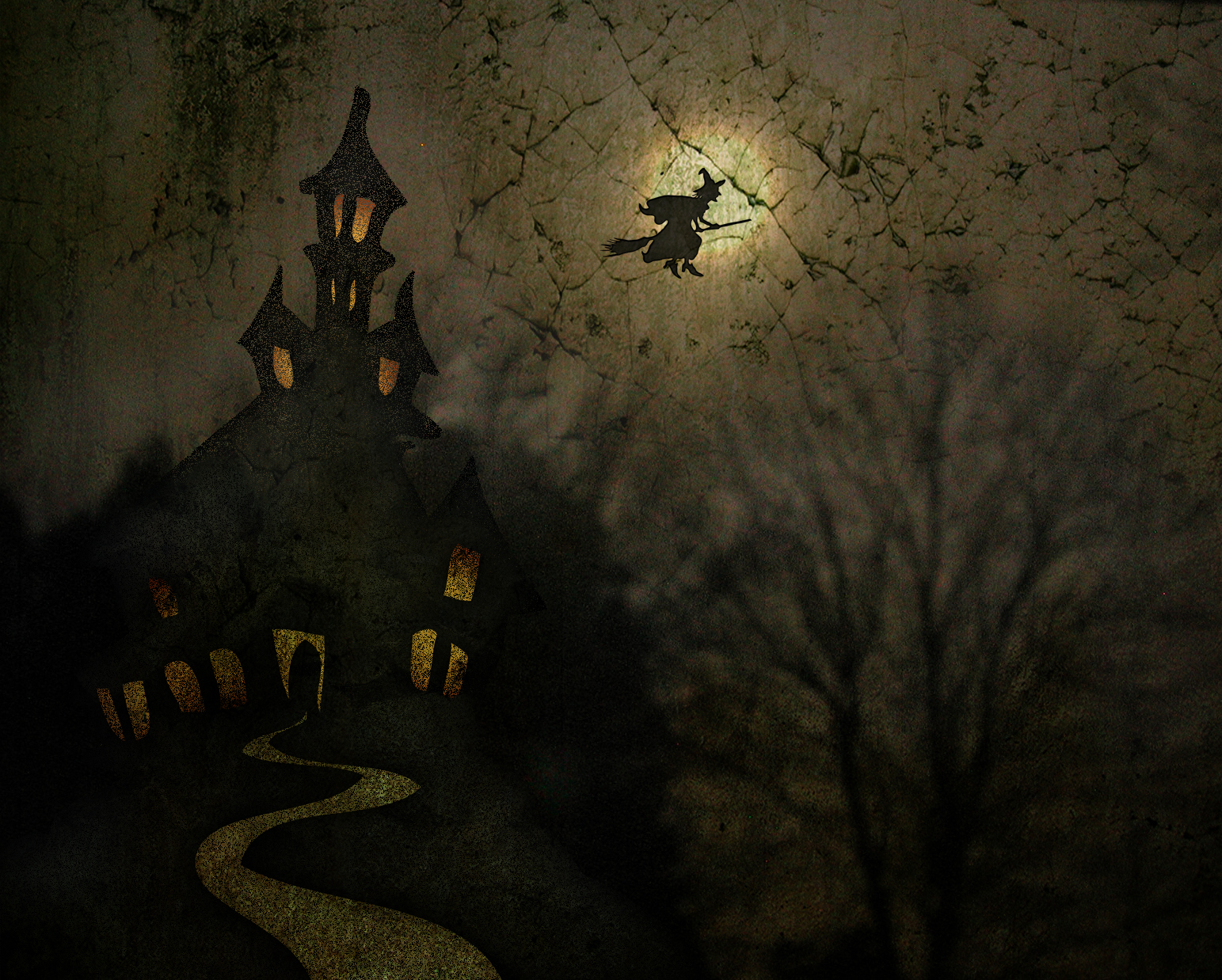 painting of an illuminated castle at night with a fairy riding a broom
