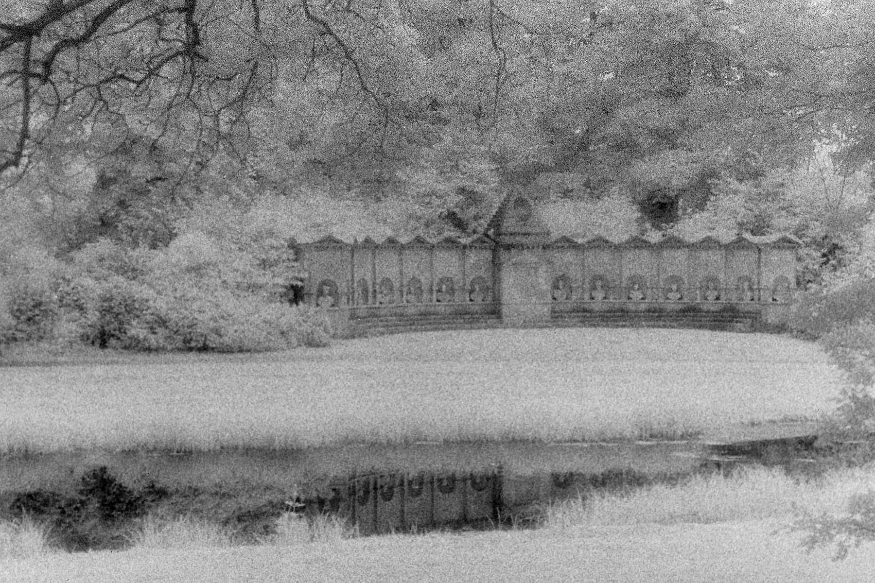 an artistic black and white image of a river running through the park
