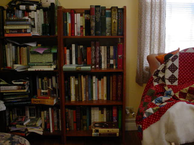 a bedroom with a bed, a bookcase and many books