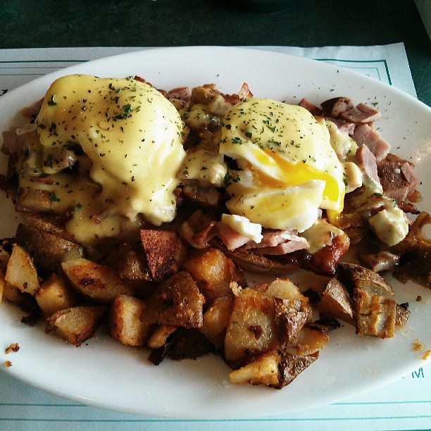 an image of a plate of potatoes with ham and eggs