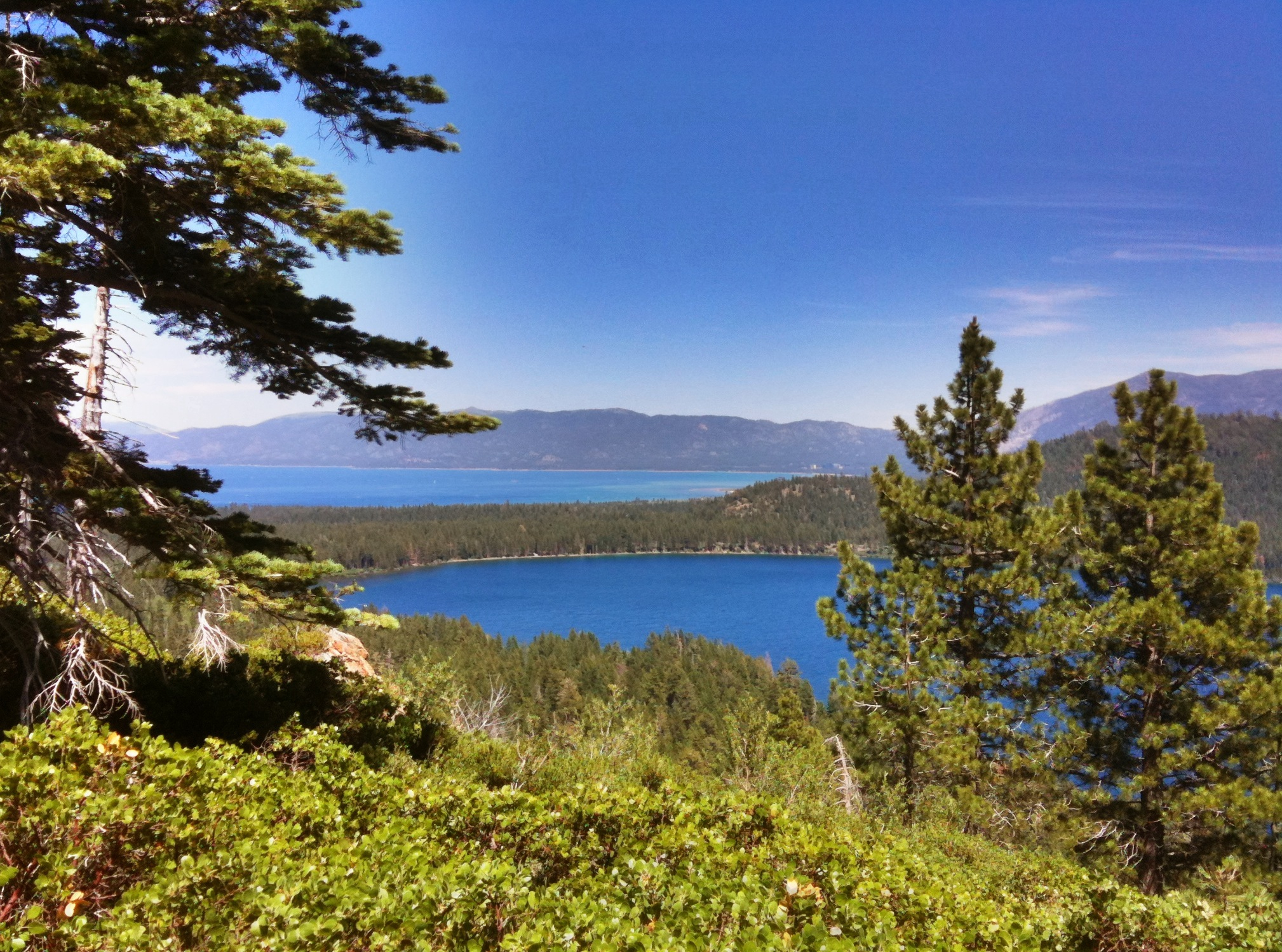 a lake in the middle of some trees and blue sky