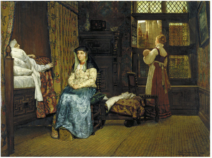 two women wearing victorian garb looking at an older lady