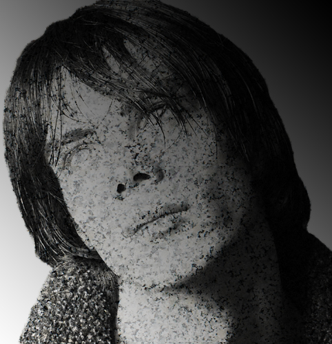 a drawing of a person with freckled hair and black and white po