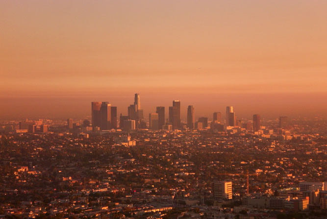 cityscape as the sun rises in los angeles, california
