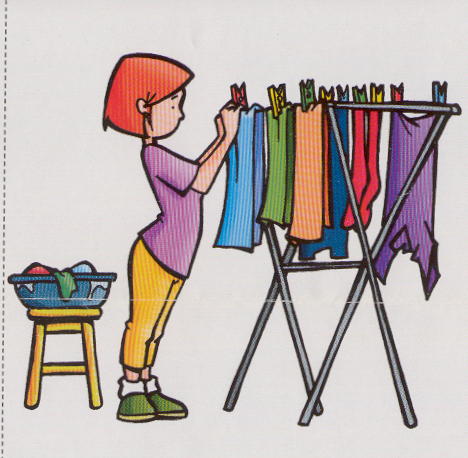 a cartoon girl looking at clothes on a rack