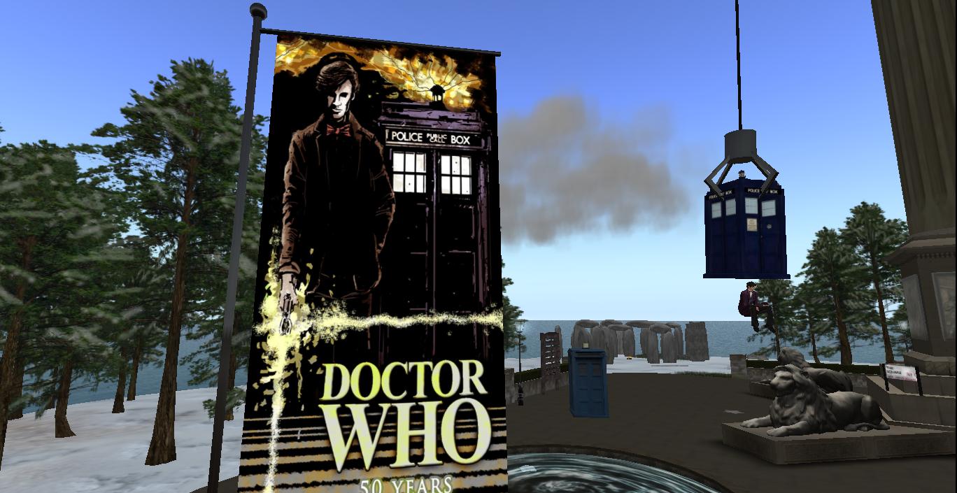 a dr who billboard in the snow with a lite hanging on the side
