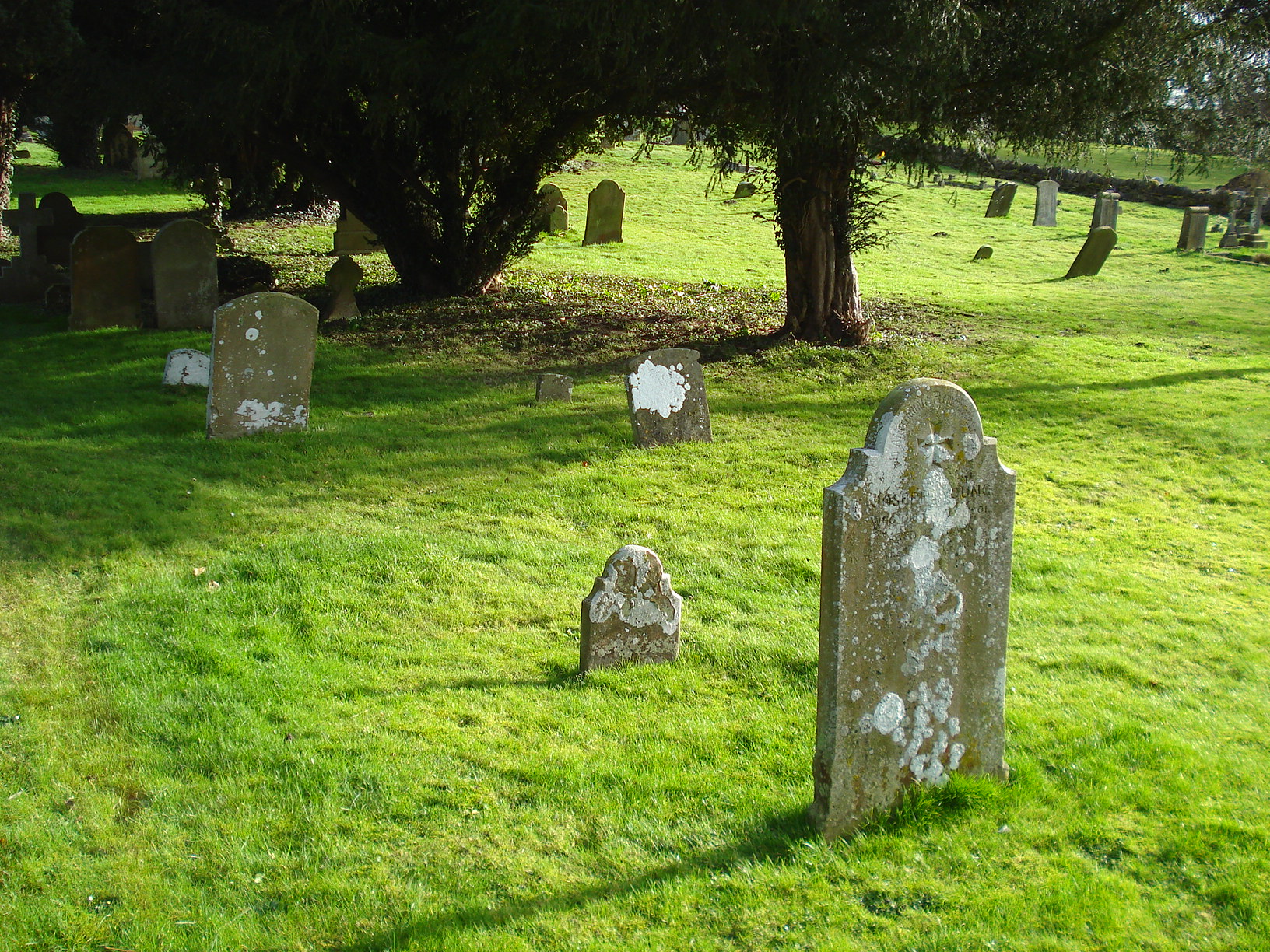 a bunch of stone graves are in the grass