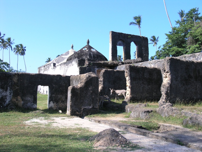 an old ruins sits outside a tropical building