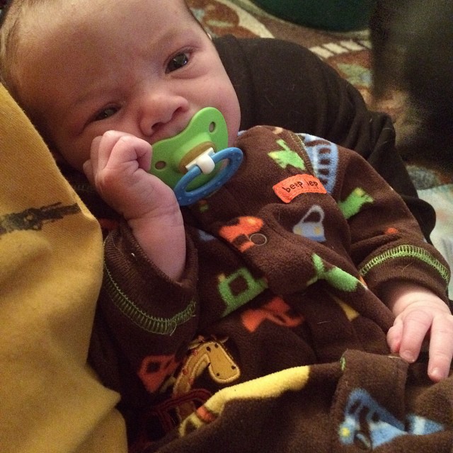 an infant holding onto a cell phone in it's mouth