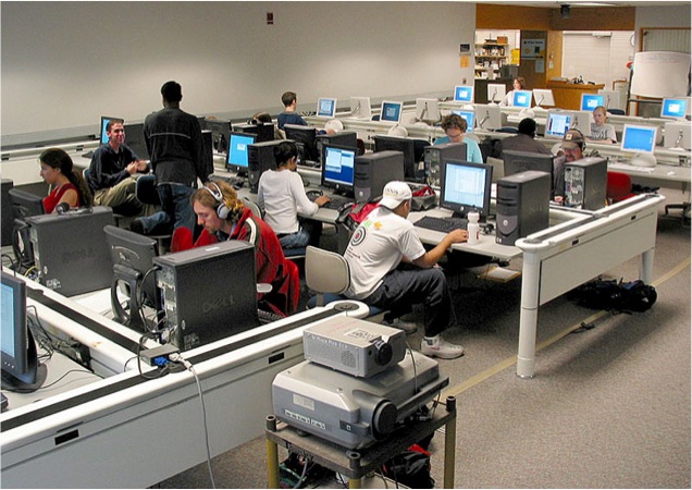 several people sitting at computers in a room