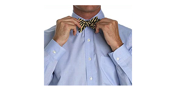 the man wears a striped bow tie over his shirt