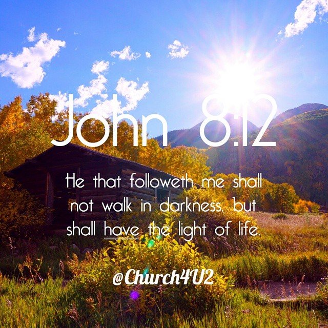 the sun and a sky with a quote from john 8 12