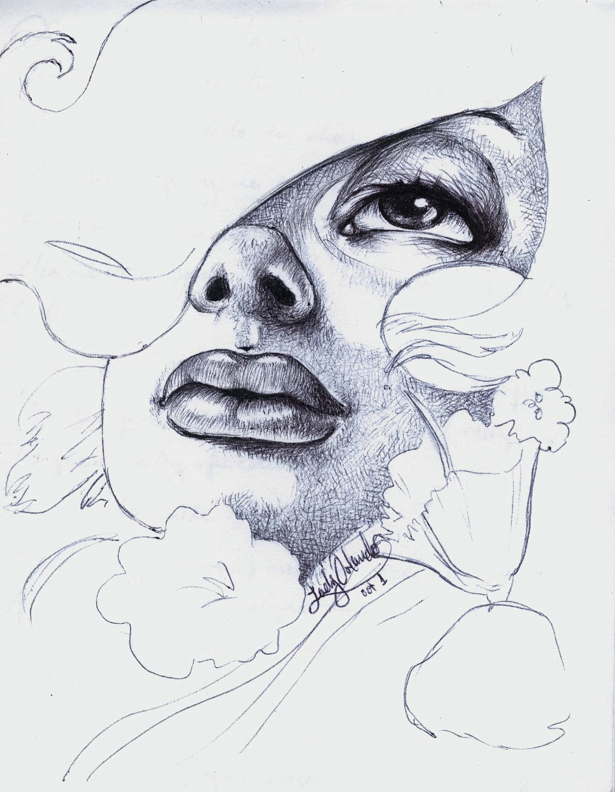 pencil drawing of a woman's face with clouds in the background