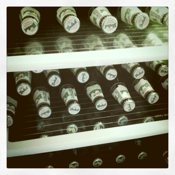 an image of beer cooler filled with empty beer bottles