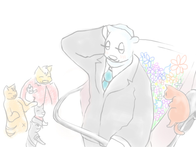 a drawing of a man in a suit holding his head while several cats look on