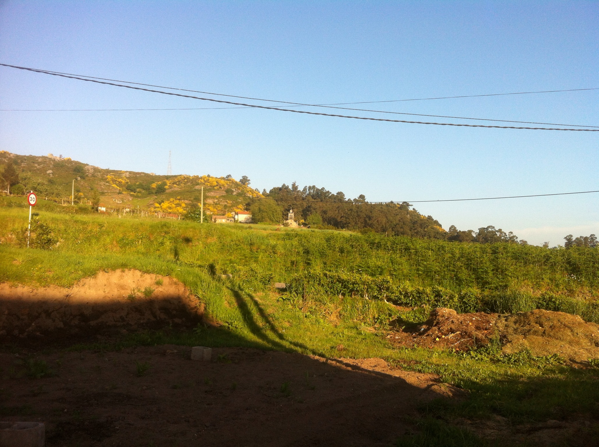 there is a view of a grassy hill with power lines above