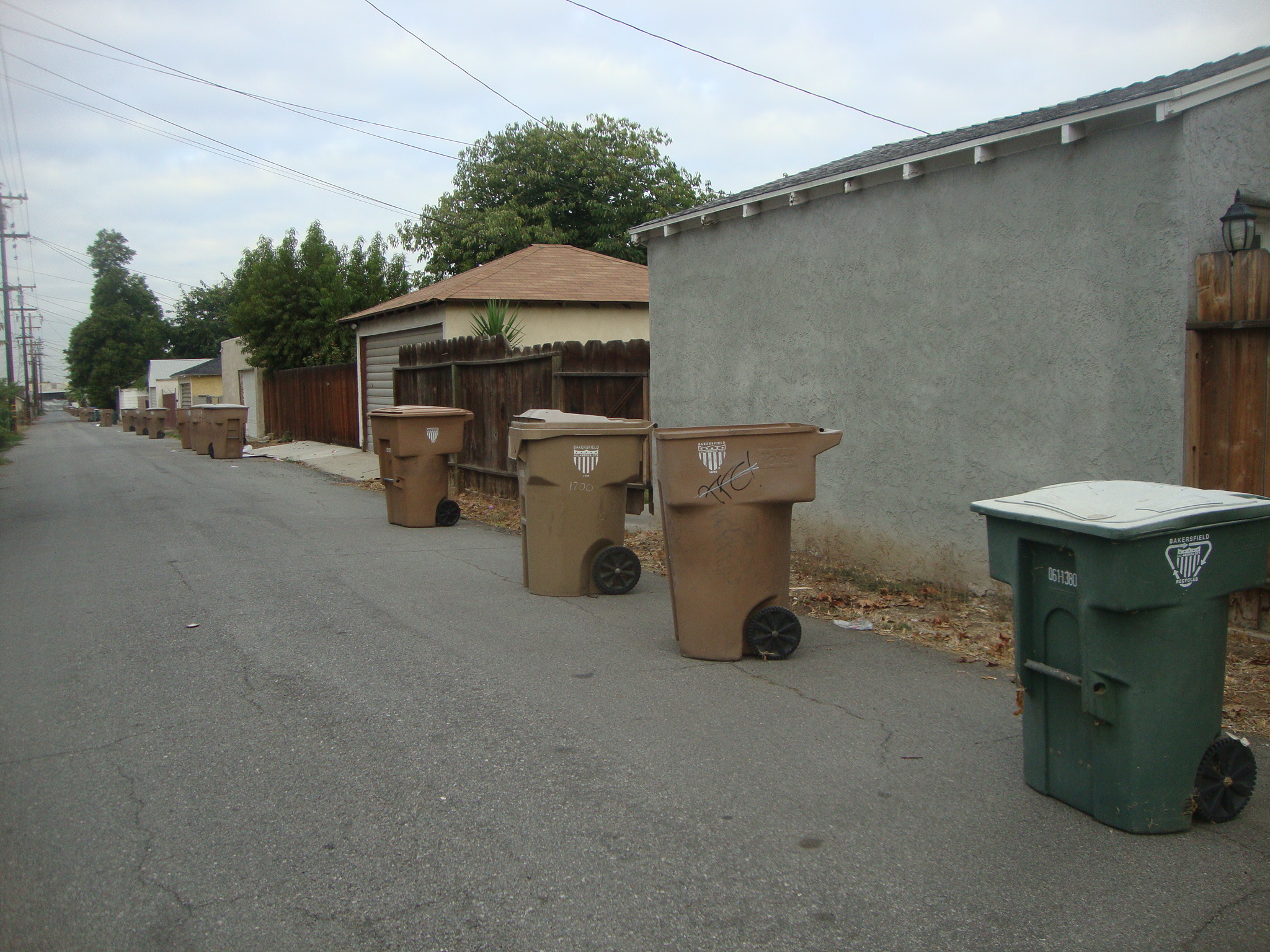 an alleyway has many garbage cans in the middle