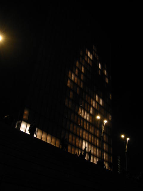 a very tall building lit up by lamps in the night