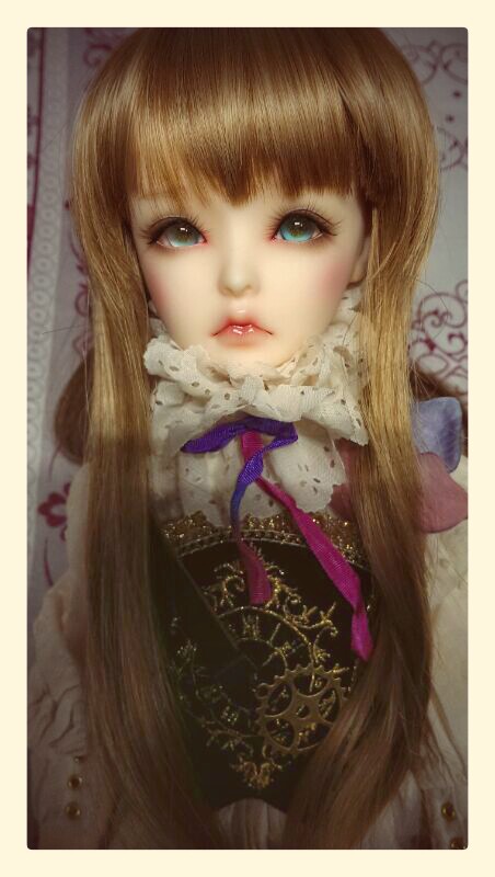 an american doll with blonde hair wearing a collar