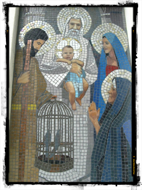 jesus in a birdcage next to an image of three men and a woman