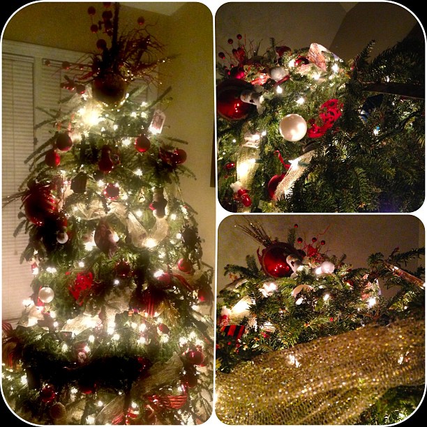 a close up view of christmas tree decorations and lights