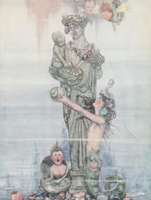an illustration shows a statue with children in it and surrounded by shells