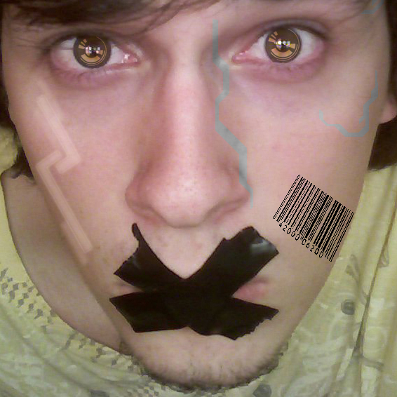 a man with a fake mustache with barcodes on his face