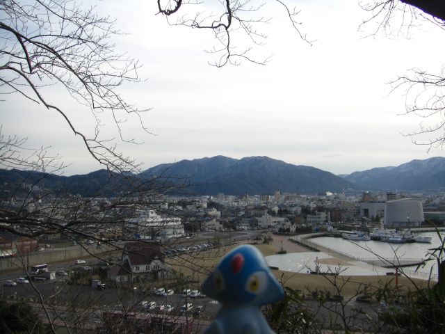 a stuffed animal toy in the foreground, looking towards a city