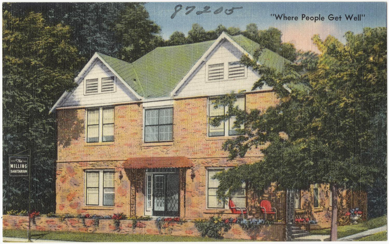 an old postcard has the front of a brick house