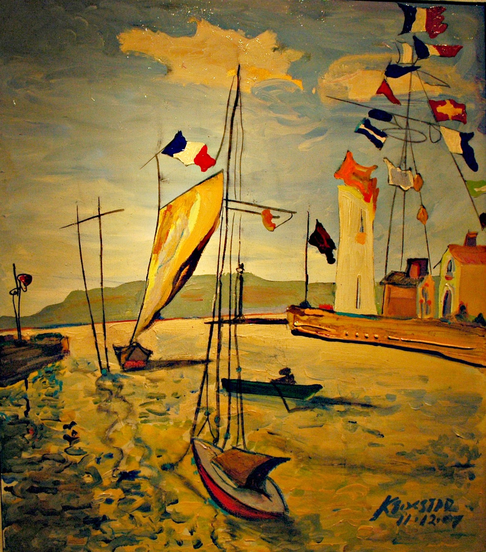 there is a painting with different sail boats