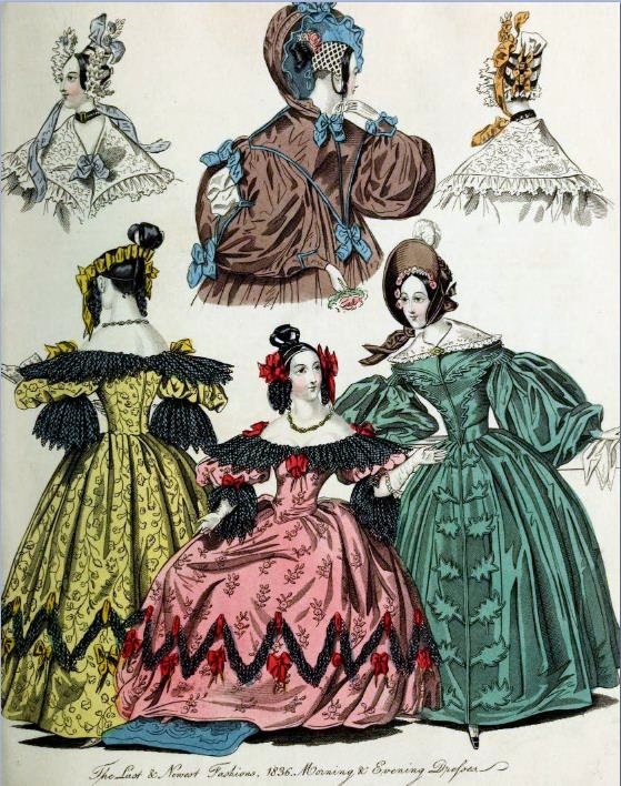 vintage fashion illustrations showing several dresses of various kinds and shapes