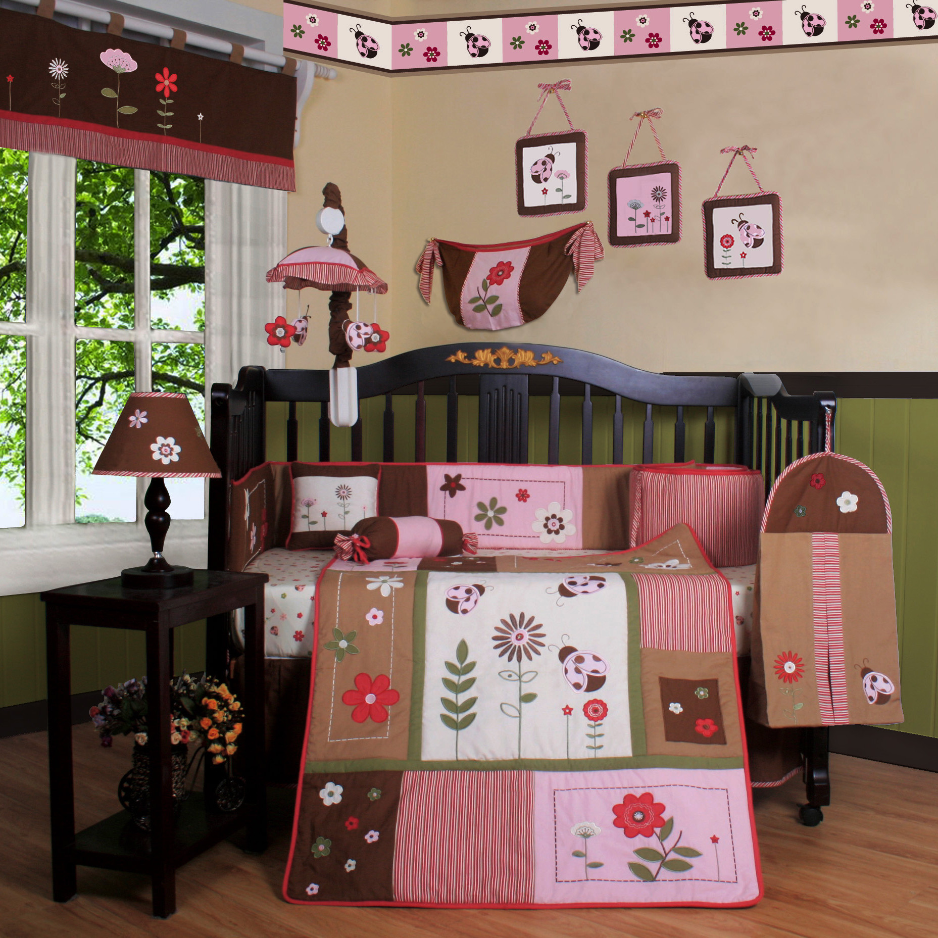 pink, green, white and brown baby girl's crib bedding