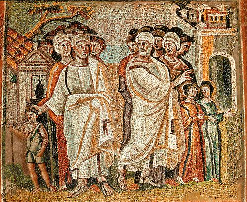 a mosaic image of two men and one woman