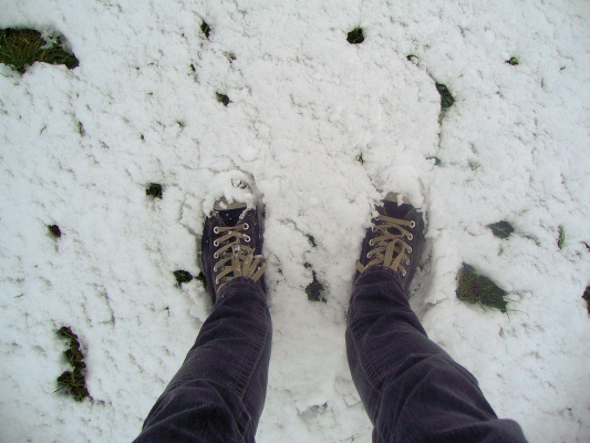 person standing in the snow wearing brown shoes