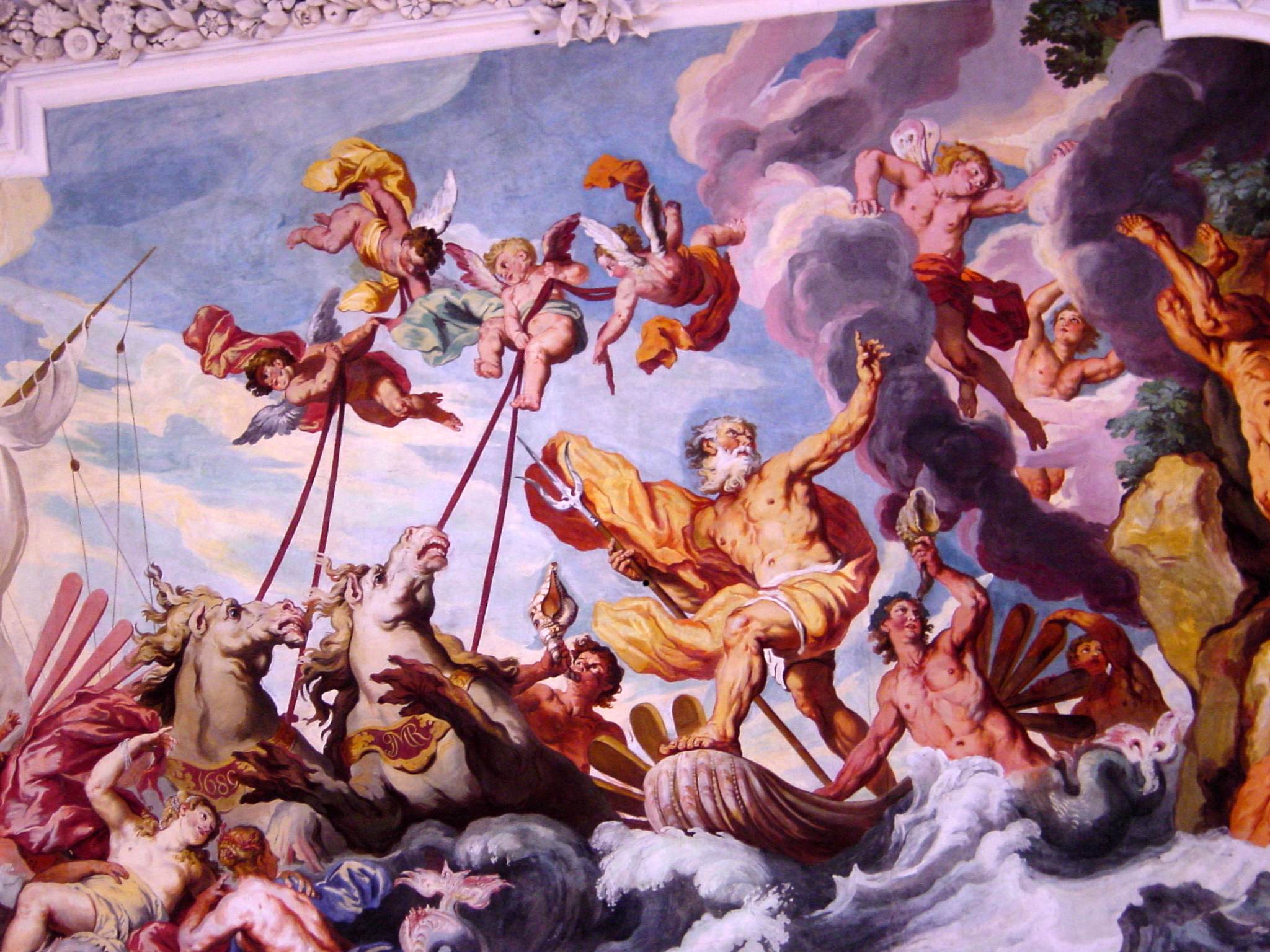 the painting shows many people dancing and jumping