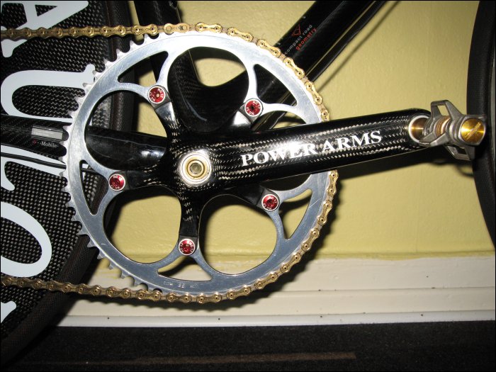 this bike has its cranks out and a chain on it