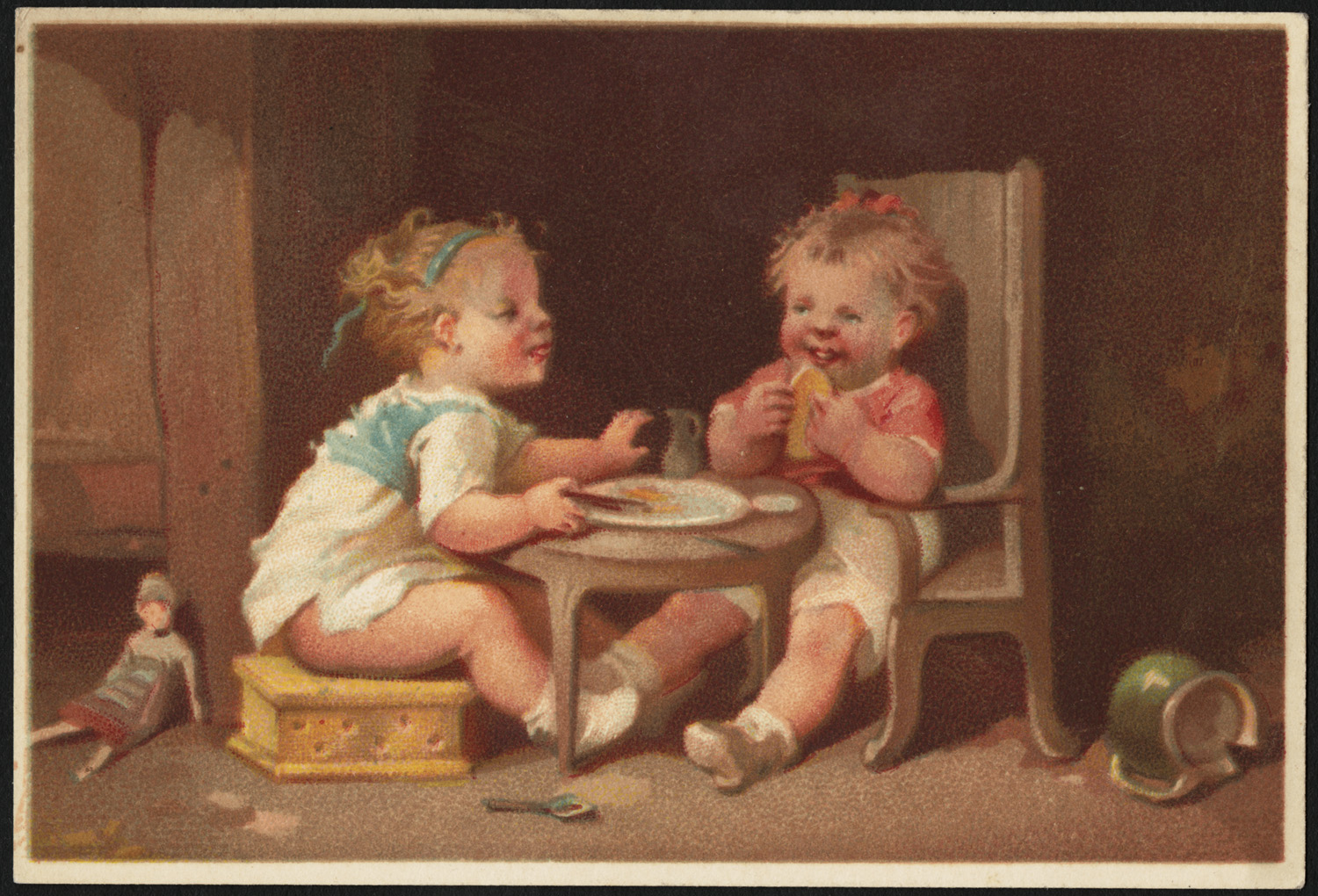 two children sitting at a table sharing a meal